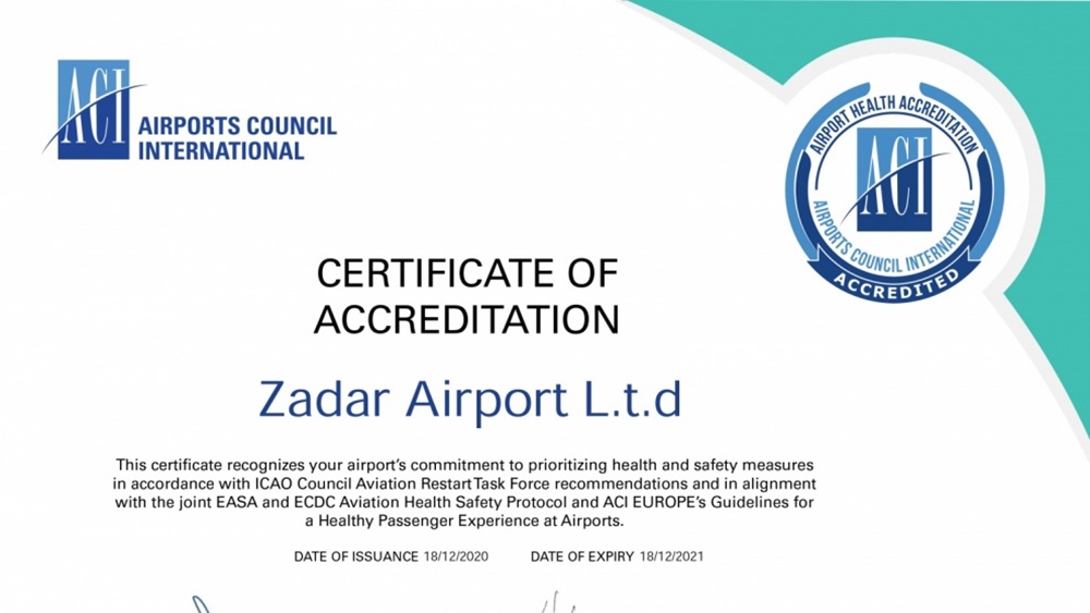 Zračna luka Zadar dobila Airport health akreditaciju