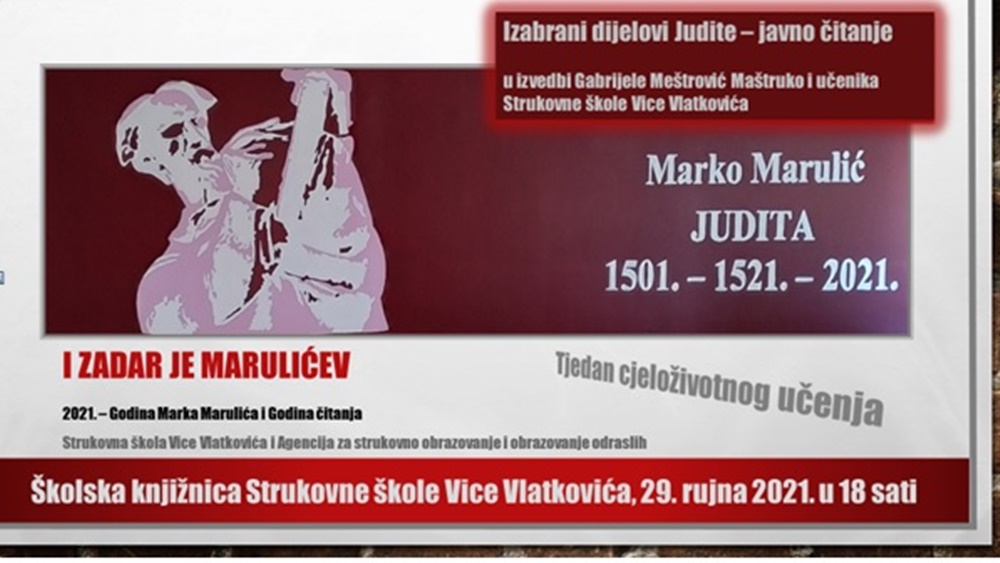 TJEDAN CJELOŽIVOTNOG UČENJA U Strukovnoj školi Vice Vlatkovića javno čitanje izabranih dijelova "Judite" Marka Marulića