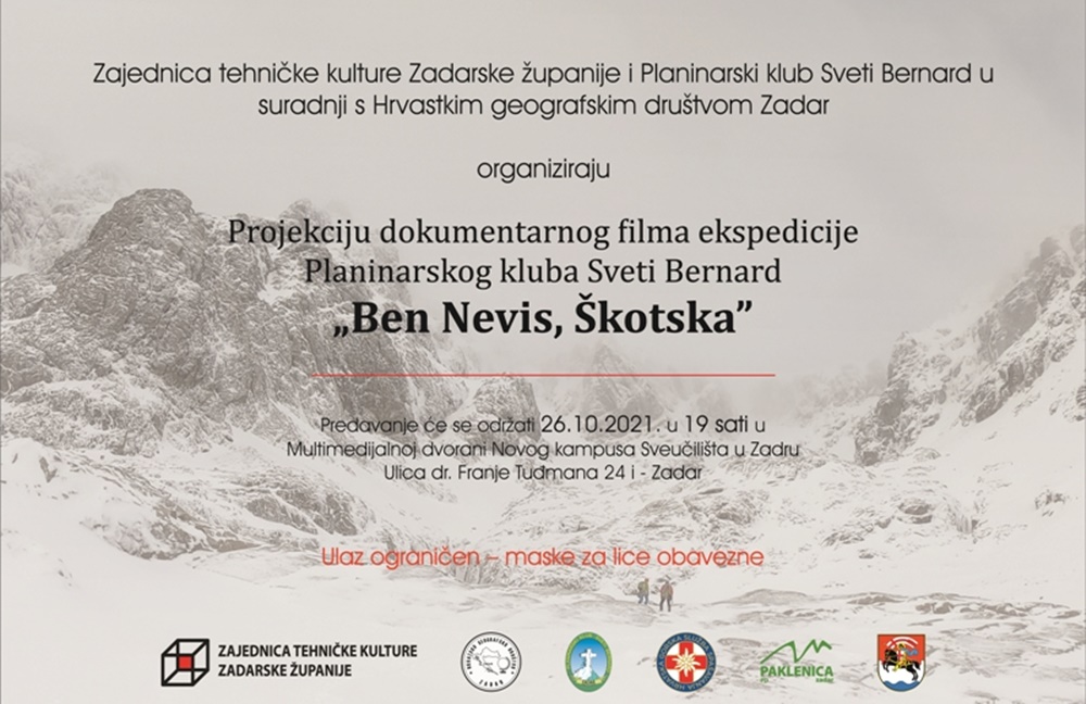 PD PAKLENICA POZIVA  Projekcija dokumentarnog filma ekspedicije Planinarskog kluba Sveti Bernard – „Ben Nevis, Škotska“