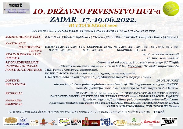 DRUGU GODINU ZAREDOM 10. Državno prvenstvo Hrvatske unije tenisča ovog vikenda u Zadru