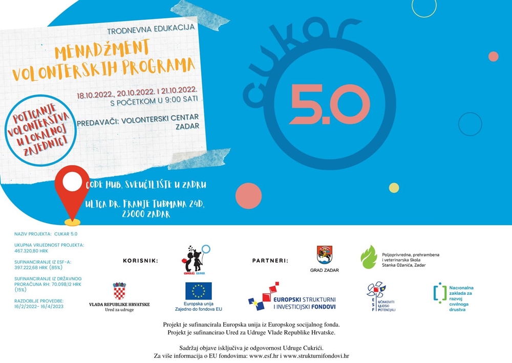 "Cukrići" i Grad Zadar organiziraju trodnevnu edukaciju s ciljem poticanja volonterstva