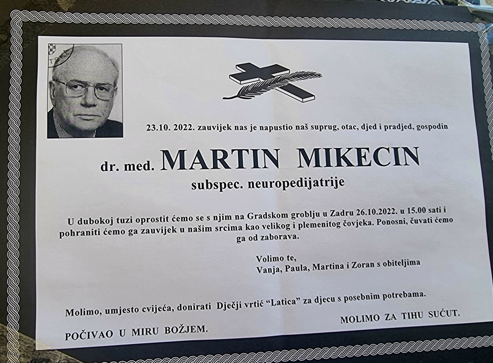 Posljednji ispraćaj dr. Mikecina; obitelj moli da se umjesto cvijeća doniraju sredstva za vrtić "Latica"