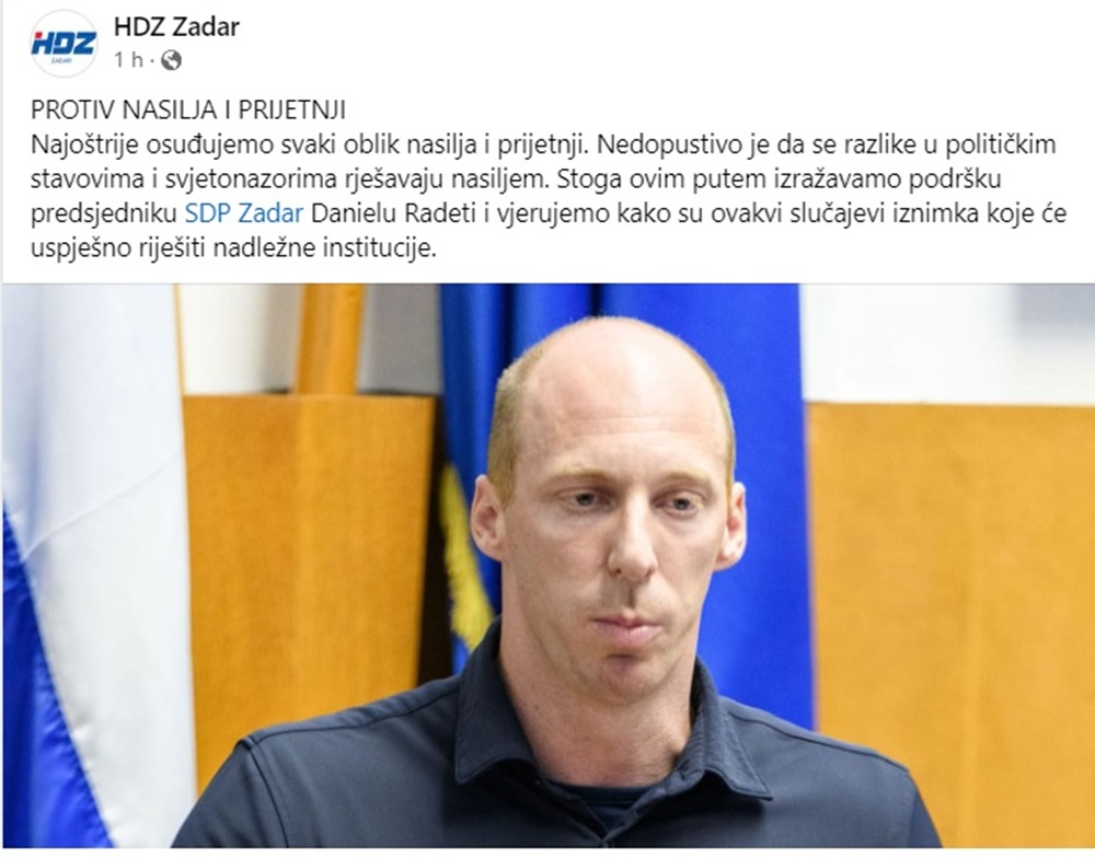 ZADARSKI HDZ OSUDIO NAPAD NA RADETU "Nedopustivo je da se razlike u političkim stavovima i svjetonazorima rješavaju nasiljem"