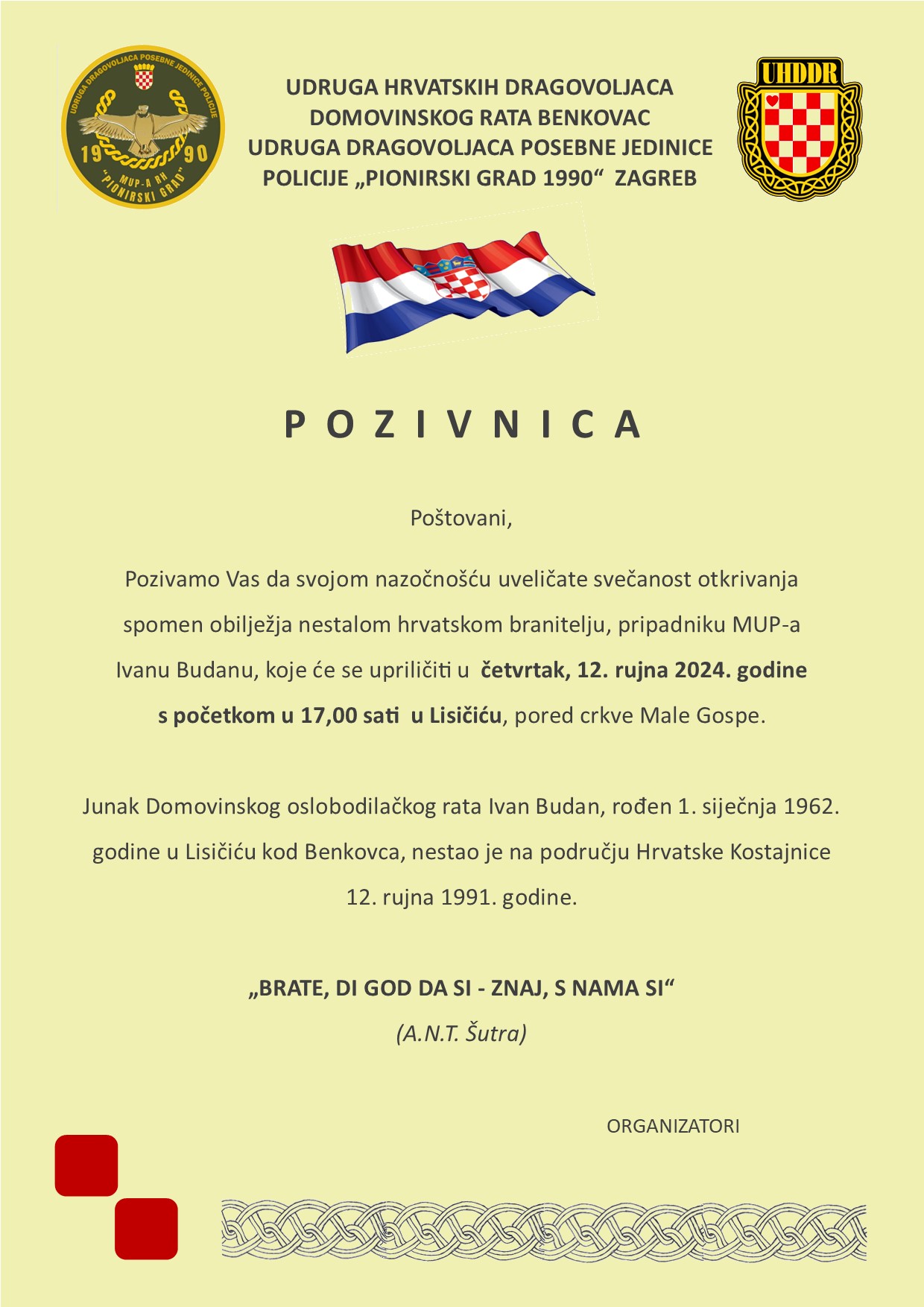 LISIČIĆ Otkrivanje spomen obilježja nestalom hrvatskom branitelju Ivanu Budanu
