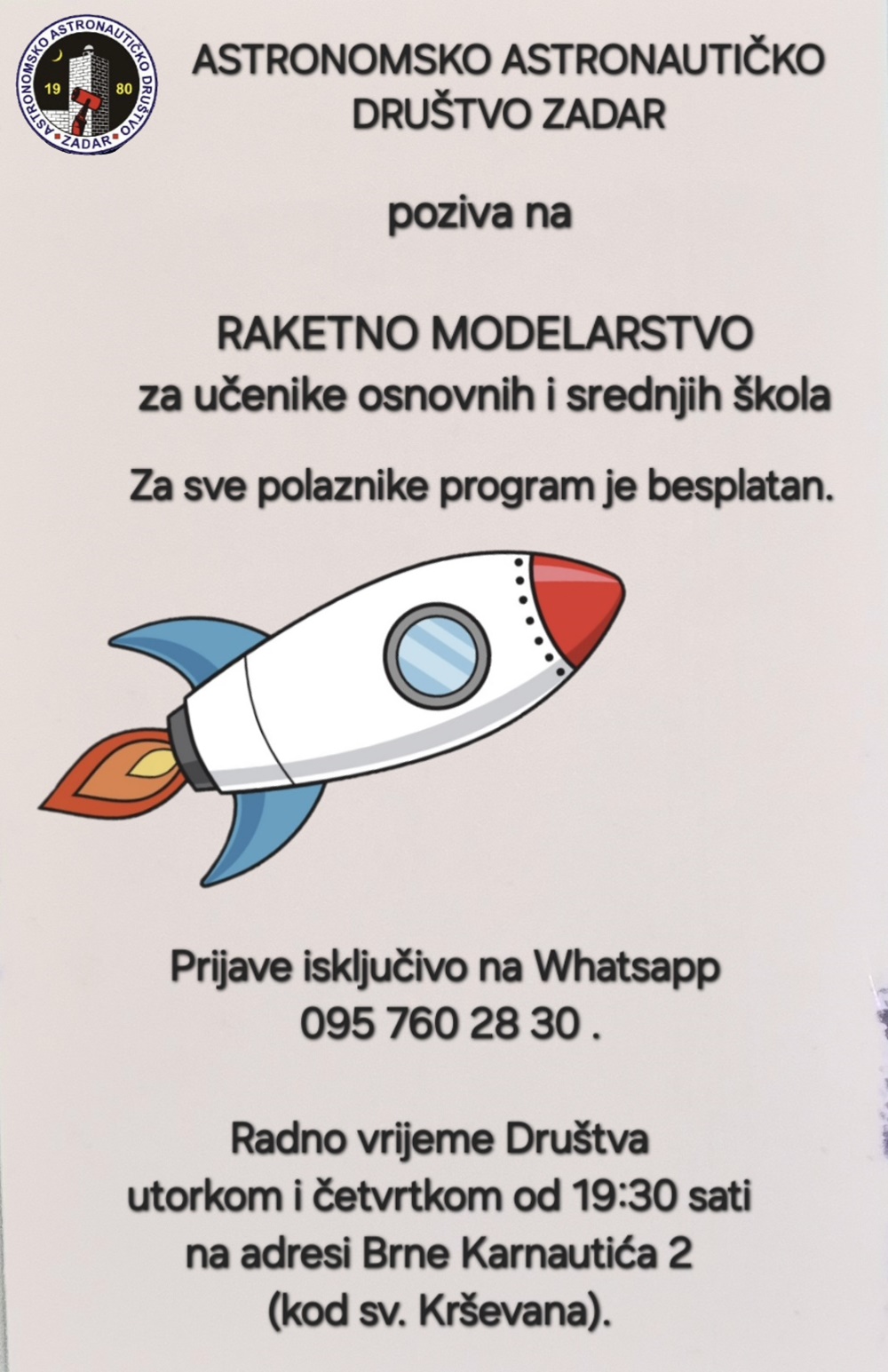 Otvoreni upisi u raketno modelarstvo  
